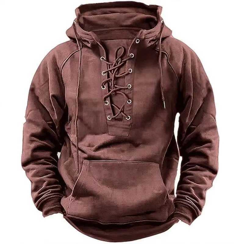Autumn Fashion Mens Hooded Sweatshirts Lace-up Drawstring Long Sleeve Loose Hoodies Men Streetwear Vintage Solid Color Hoodies XJ250621