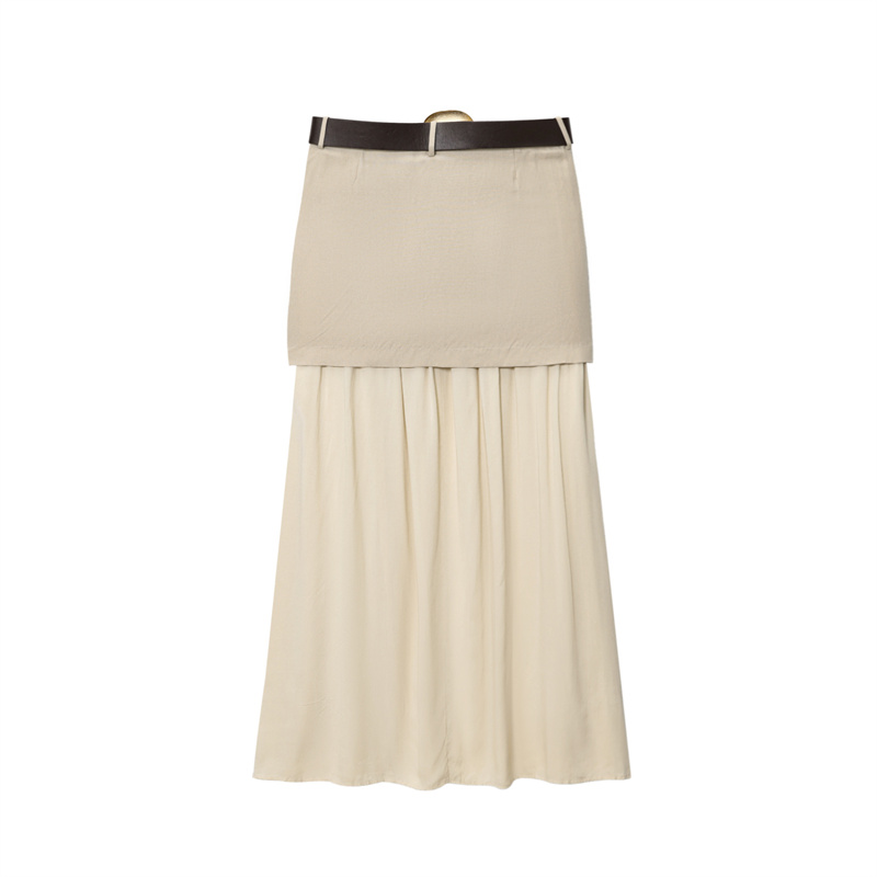2025 Spring/Summer New Casual Women's Wear with Belt Splicing Midi Skirt Solid Color Versatile