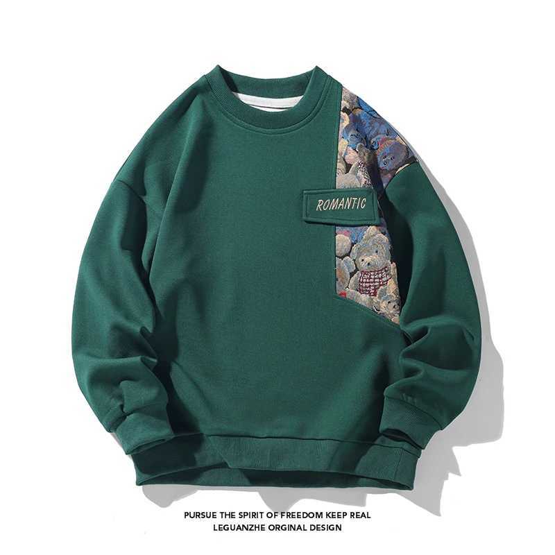 New Autumn Mens Pullover Sweatshirt Harajuku Embroidered Bear Pattern Loose Casual Round Neck Sweatshirts Unisex Fashion Hoodie XJ250621