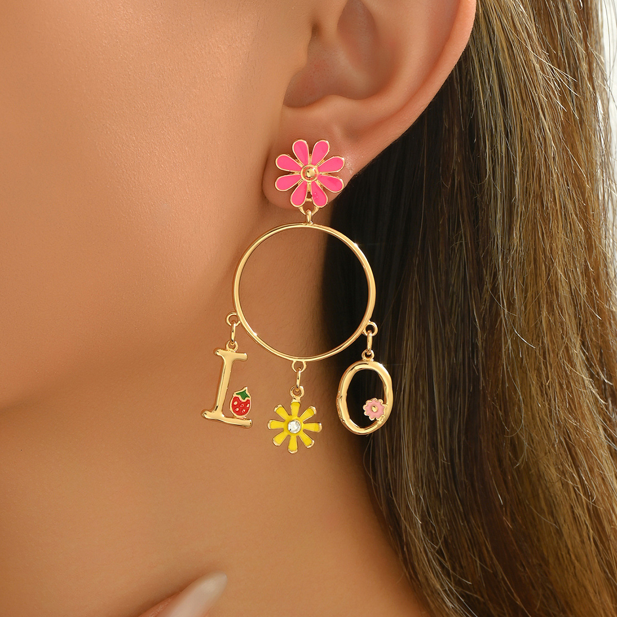 Trendy Women's New English Letter Flower Design Oil Drop Earrings Versatile Ear Jewelry For Women