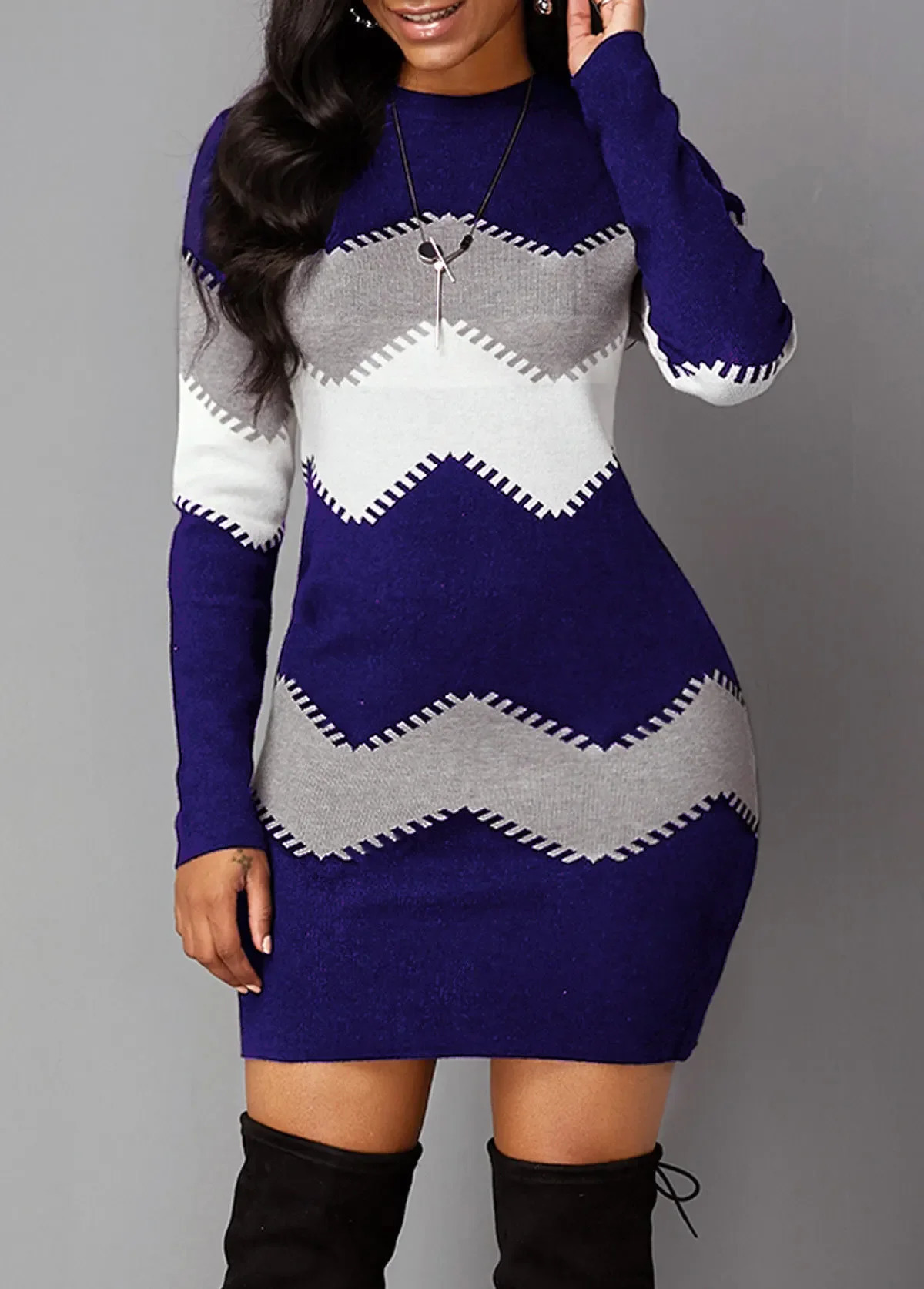Autumn/Winter Womens Mid length Short Skirt Round Neck Long Sleeve Knitted Bottom Wrap Dress for Women 250617