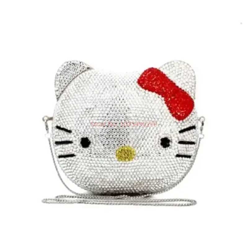 Sanrio Hello Kitty Anime Cartoon Shape Rhinestone Cartoon Full Of Diamonds Dinner Bag Handmade Diamond-set Ladys Clutch Christmas Giftw250621