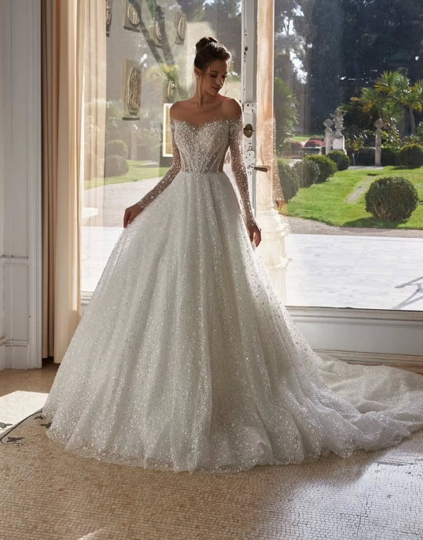 Sparkly Wedding Dresses Sequins O Neck A Line Bridal Gowns Pearls Beading Flowers Long Sleeves Customized Princess Vestidos De Novia Plus Size