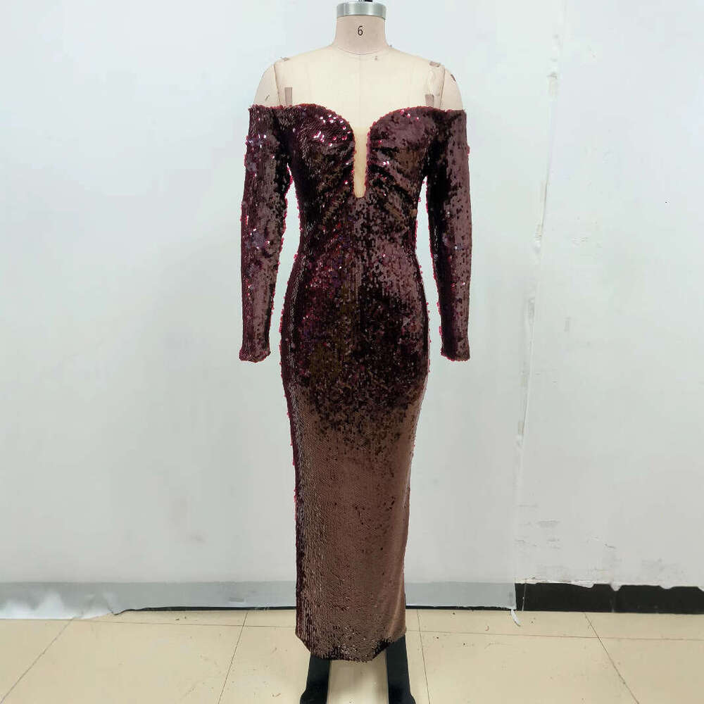 Long Dress Star Style Sexy Elegant Evening Autumn Winter Off Shoulder Solid Color Sequin Slim Fit Party Dress Sexy Long Skirt