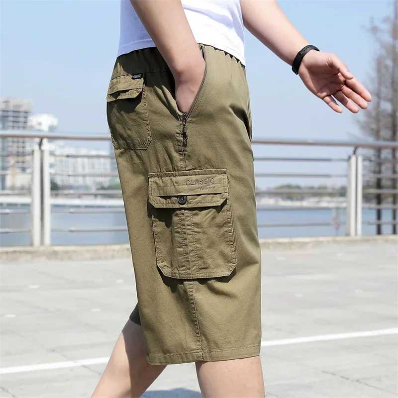 Military Cotton Cargo Shorts Mens Zipper Pocket Casual Calf Length Pants Mens Loose Straight Cotton Work Shorts Man Clothes W250621