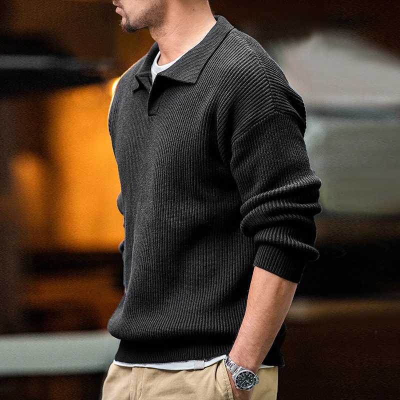 Maden Retro Neck Knit Vertical Woven Shirt Lazy Pullover Sweater Mens Autumn and Winter Lapel Soft Warm Z250621
