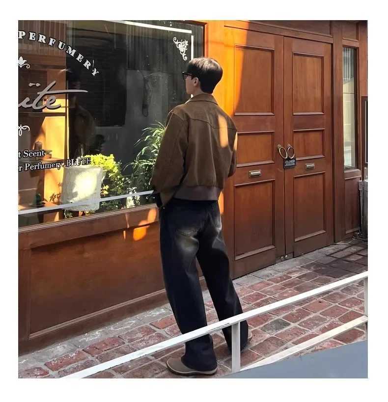 Mens Jacket Turn Down Collar Full Sleeve Jackets Solid Zipper Loose Fit Spliced Coats Casual Pockets Outerwear Autumn 2024 XJ250621