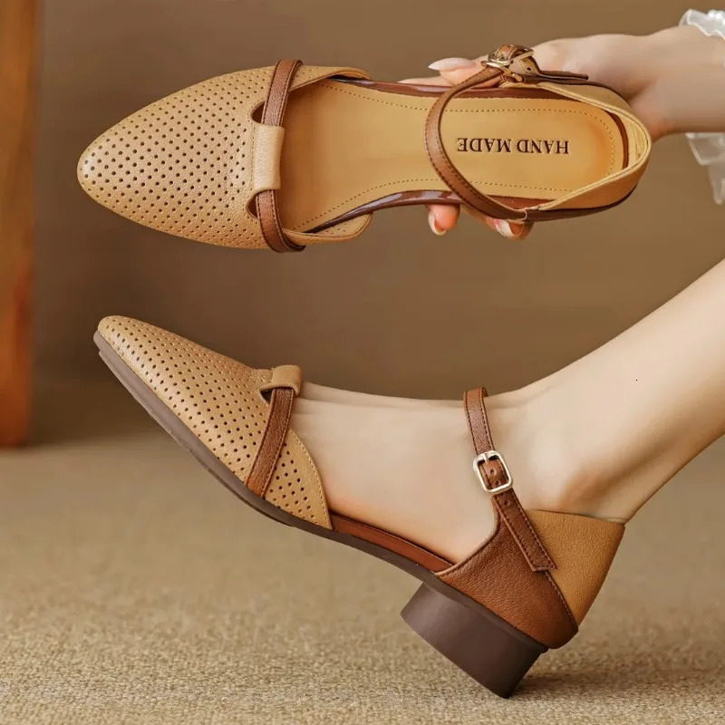 2025 womens sheepskin mix color patchwork hollow-out ankle strap flats sandals pointed toe casual summer shoe 250617