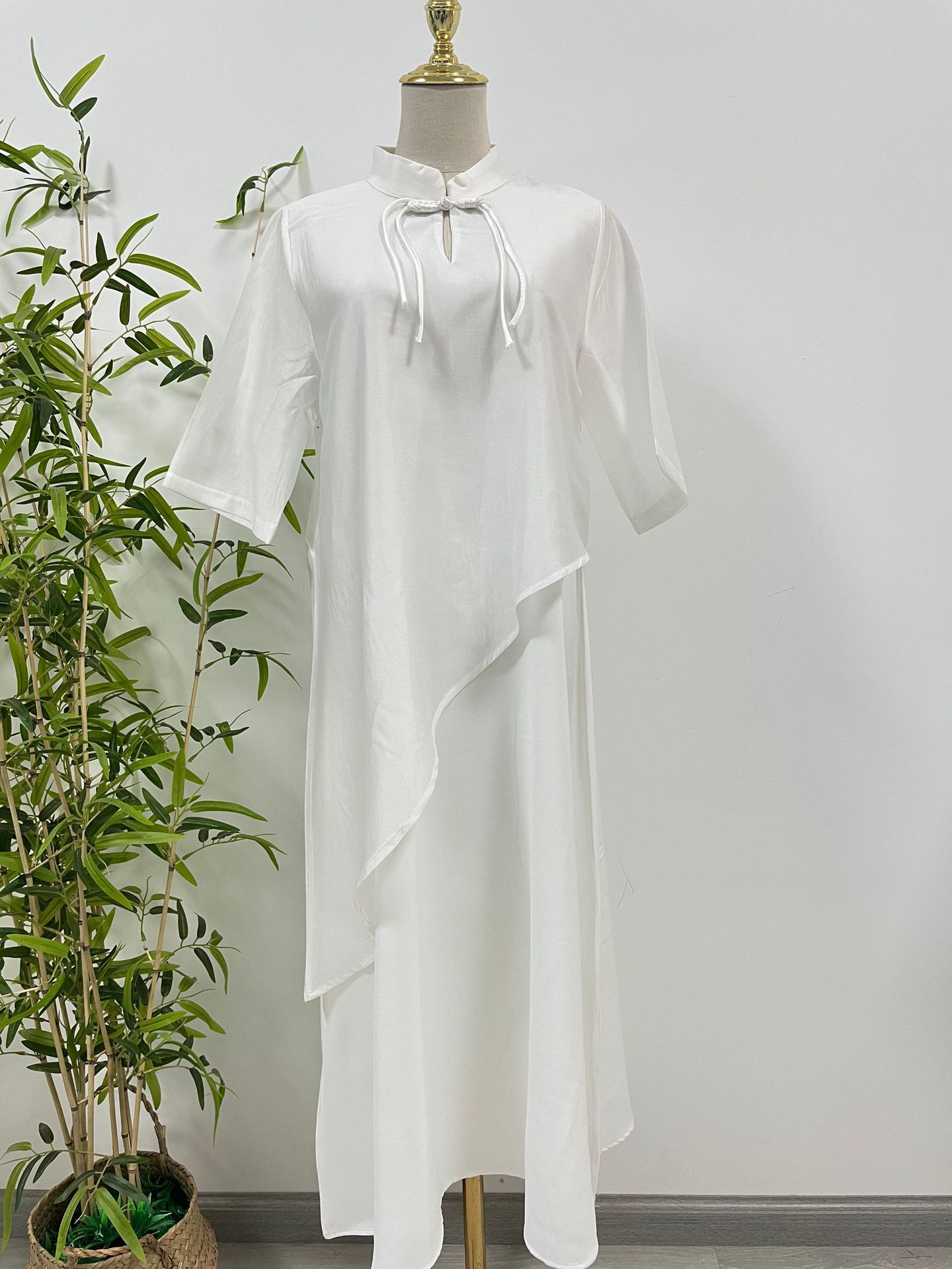FD188 Retro temperament ethnic style three-quarter sleeve long skirt white sleeve dress