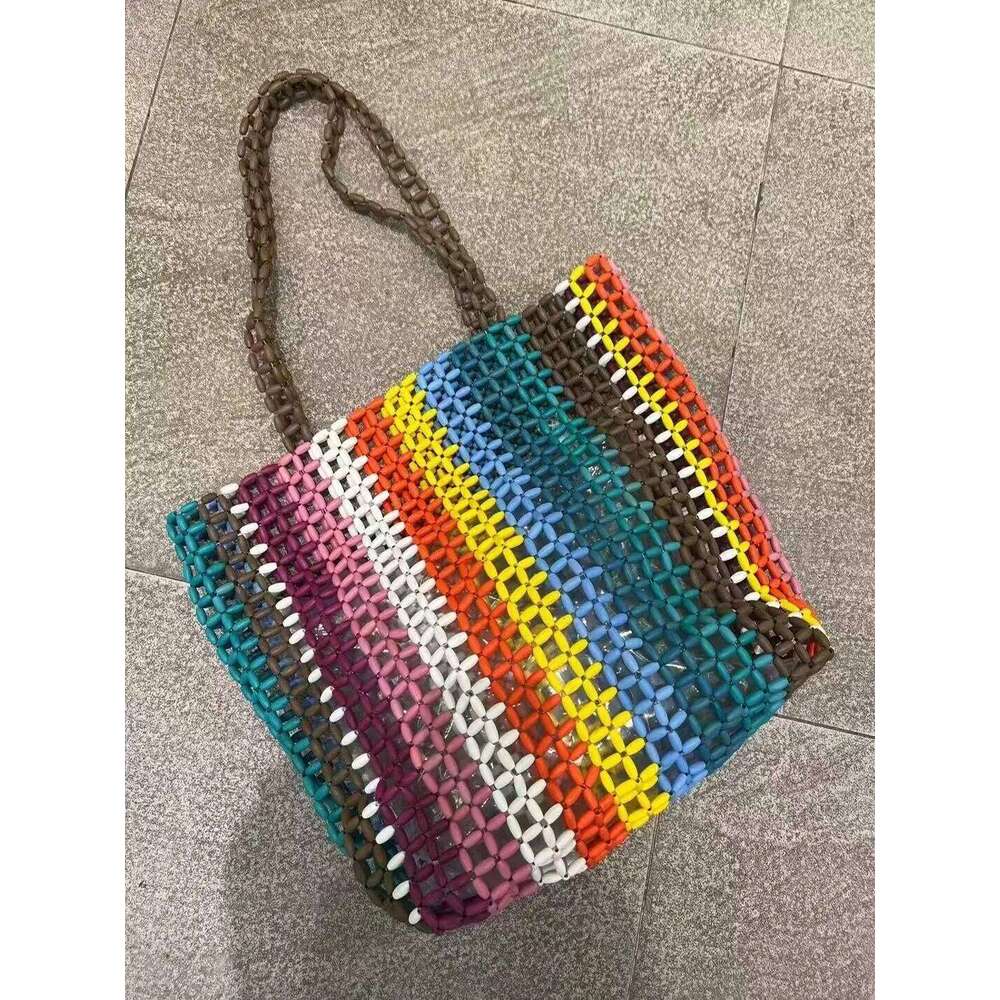 Women Woven Summer Design Hollow-Out Wooden Bead Bucket Shoulder Bag Netted Beach Handbag