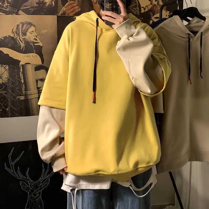 Autumn Trendy Oversize Ins Hip Hop Top Fake Two-piece Sweatshirt Men Hoodies Oversize High Street Jacket Hooded Top Spring XJ250621