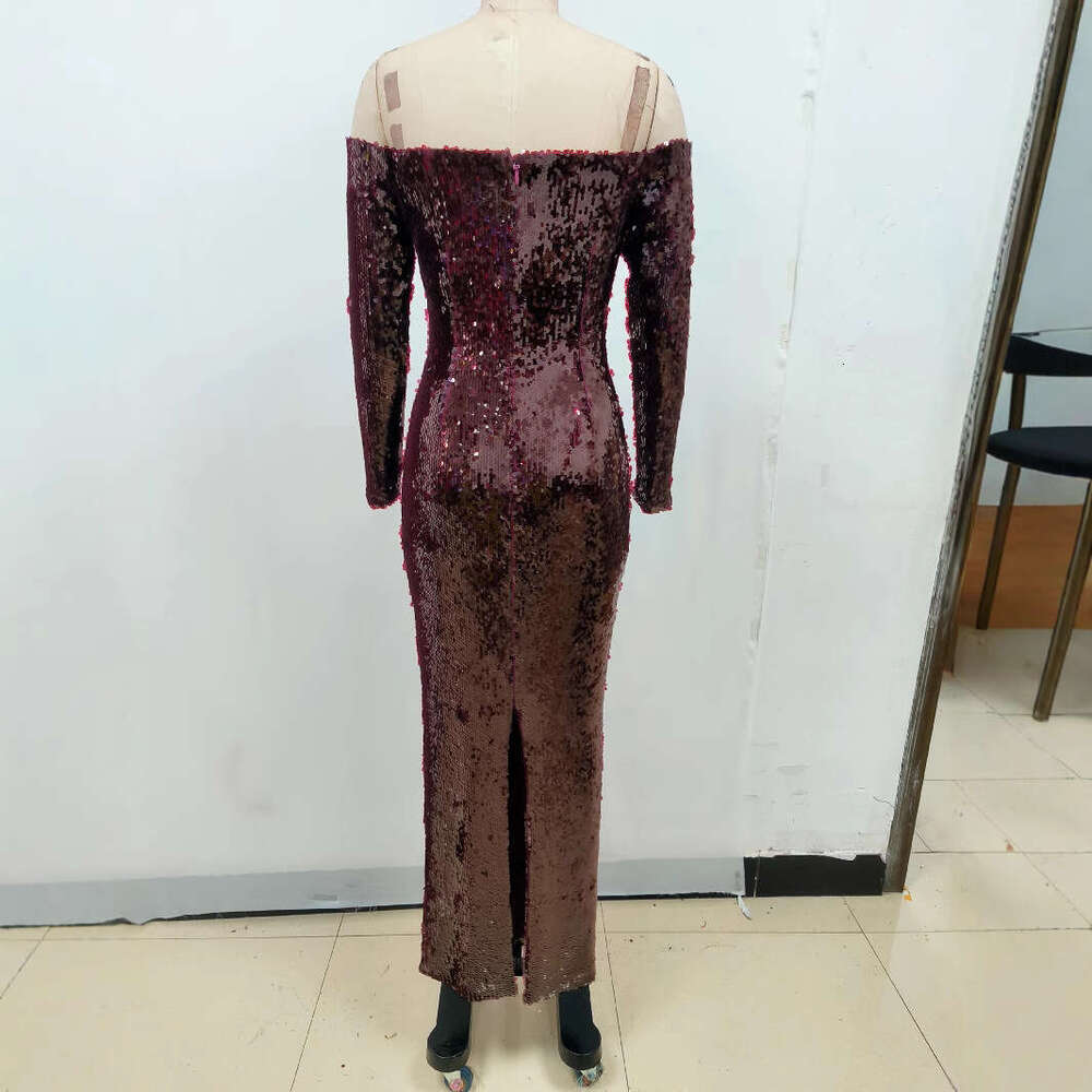 Long Dress Star Style Sexy Elegant Evening Autumn Winter Off Shoulder Solid Color Sequin Slim Fit Party Dress Sexy Long Skirt