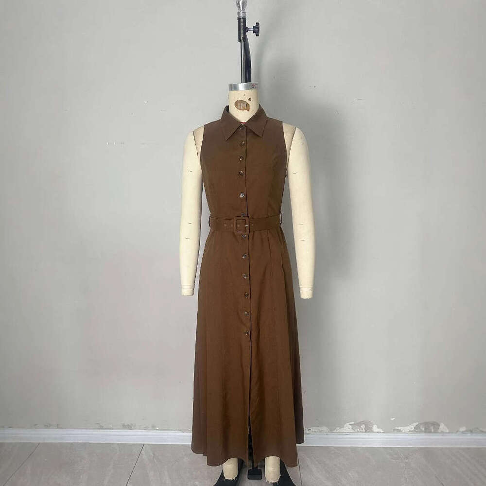 Long Dress Summer New Split Long V Neck Sleeveless Solid Color Waist Cinching Shirt Dress Fashion Simple Commuter Sexy Long Skirt