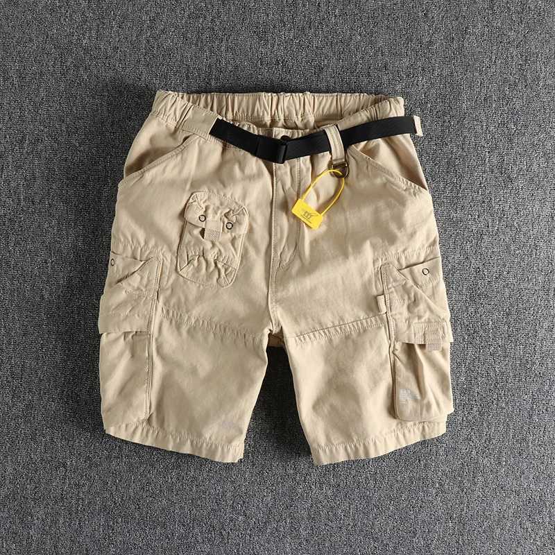 Summer New American Retro Cityboy Outdoor Cargo Shorts Mens Pure Cotton Washed Casual Multi-pocket 5-point Trousers with Belt W250621