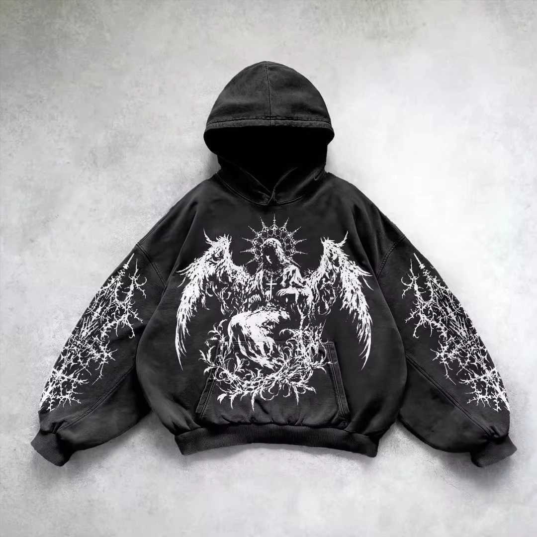 Retro Gothic Graphic Print Hip Hop Hoodie for Men Y2k Grunge Punk Casual Loose Pullover Women Streetwear Sweatshirt Hoodies XJ250621