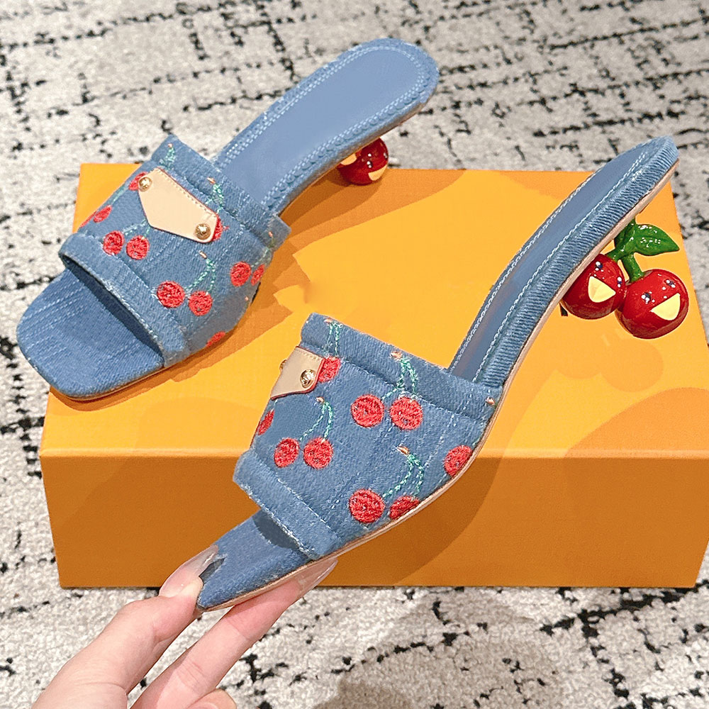 NEW x TM Lily Mule 1AHLTF womens designer cherry denim mule Murakami collection sandals cherry shaped heel 5.5cm embroidered cherry motifs mules Luxury Lily Mules