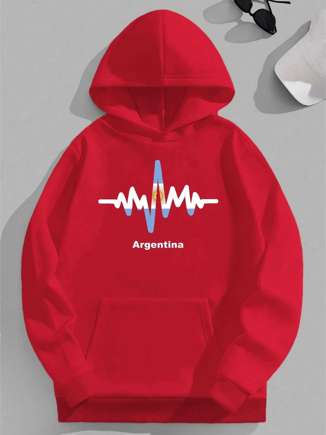 Argentina Flag Heartbeat Graphic MenS Hoodies Casual Style Loose Fit Geometric Pattern Hooded Collar Non-Stretch XJ250621
