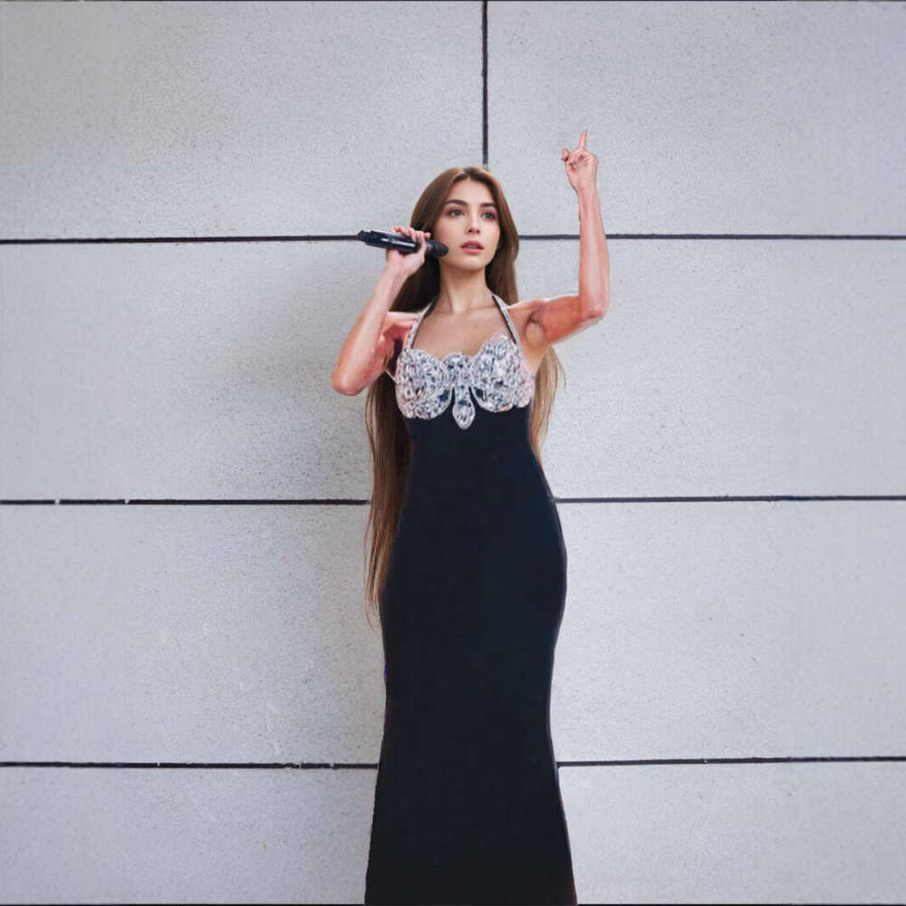 Long Dress Autumn Women S Hot Sale Black Rhinestone Halter Neck Sexy Backless Celebrity Stage Performance Bandage Dress Sexy Long Skirt