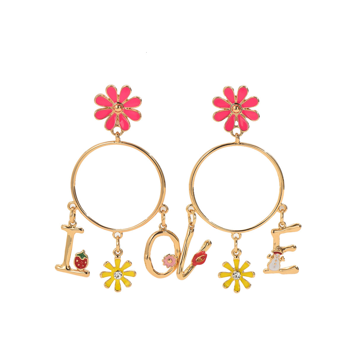 Trendy Women's New English Letter Flower Design Oil Drop Earrings Versatile Ear Jewelry For Women