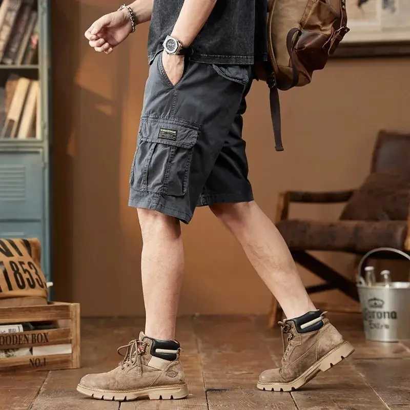 Mens Short Pants Elastic Waist Black Cotton Cargo Shorts with Pockets 2025 Fashion Y2k Summer Clothes Wide Popular New In W250621