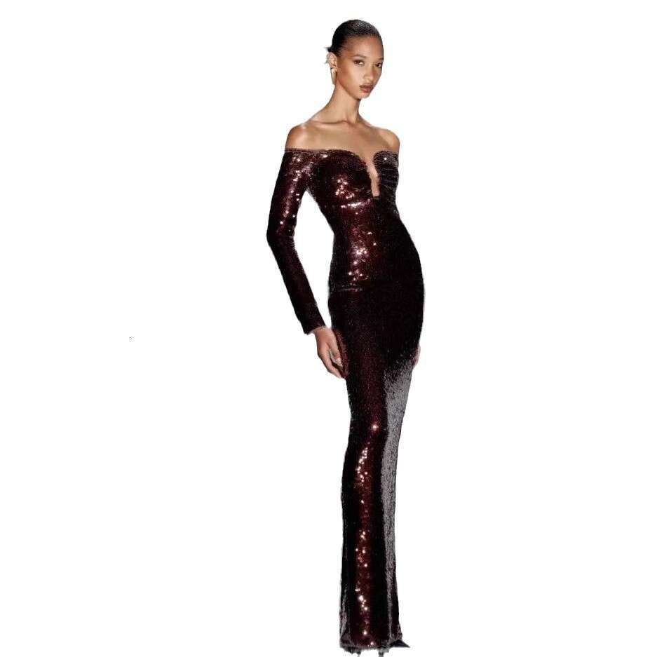 Long Dress Star Style Sexy Elegant Evening Autumn Winter Off Shoulder Solid Color Sequin Slim Fit Party Dress Sexy Long Skirt