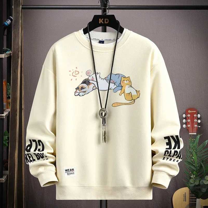 Japan Cartoon Mens Sweatshirt Hoodies Autumn Cats Printed Long Sleeve T-shirt Fashion Mens Clothing Khaki O Neck Harajuku Top Z250621