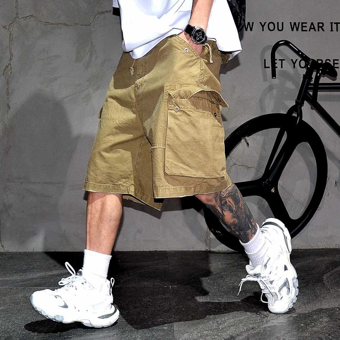 Mens American Vintage Cargo Shorts Khaki Heavyweight Cotton Large Pockets Straight Leg 5-Inch Summer Casual Trendy Loose Fit W250621