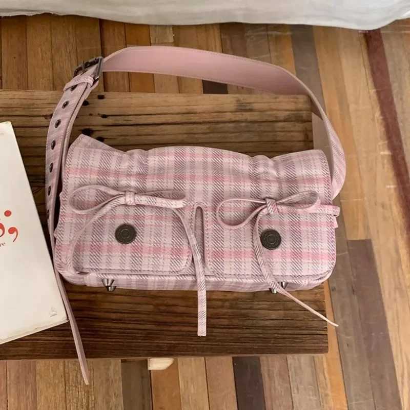 MBTI Plaid Pink Womens Shoulder Bag Pleated Casual Sweet Cute New Fashion Leather Handbag Literary Exquisite Designer Underarm Bag XJ250620