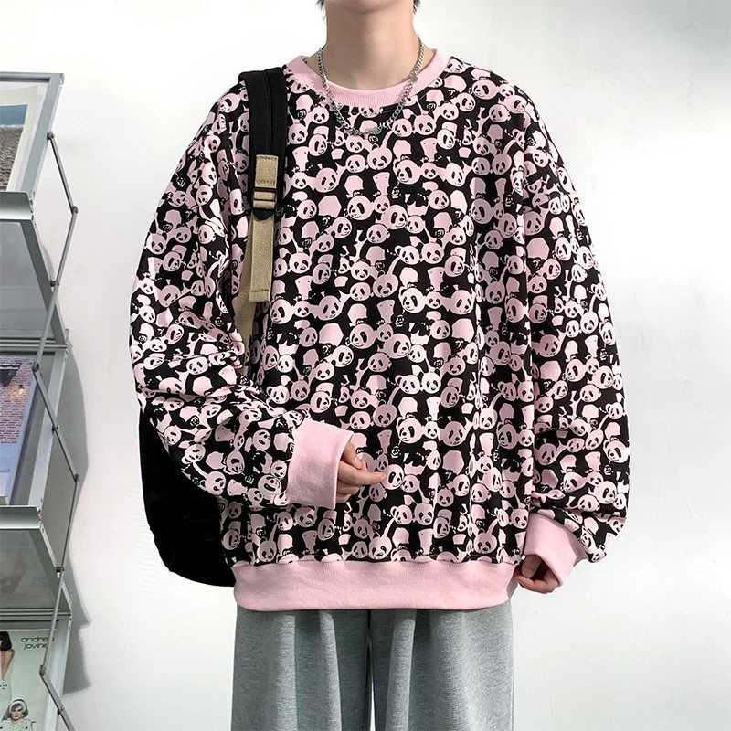 Spring and autumn mens Hong Kong style casual sweatshirt cartoon bear digital full-print loose mens round-neck sweatshirtXJ250621