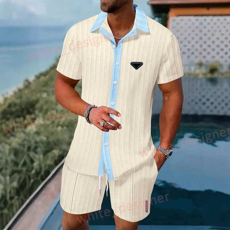 Designer Men's Tracksuits 2025 Summer Men's Color Block cardigan Shirt Casual Short Sleeve Shorts Beach loose Set Sportswear for men US size S-XXL