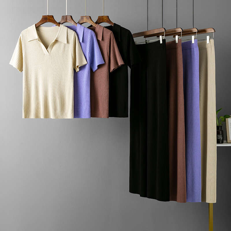 Women's Polo Collar Pullover Short Sleeve Top + Slimming Versatile Solid Color Wide Leg Pants Knitted Fashion Set