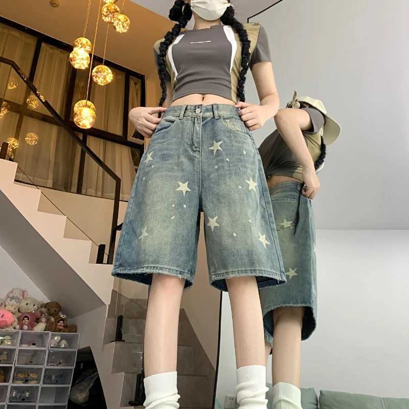 Neploe American Vintage Washed Star Denim Shorts Y2k High Waist Straight Wide Leg Jeans 2025 New Loose Knee-Length Pants W250621