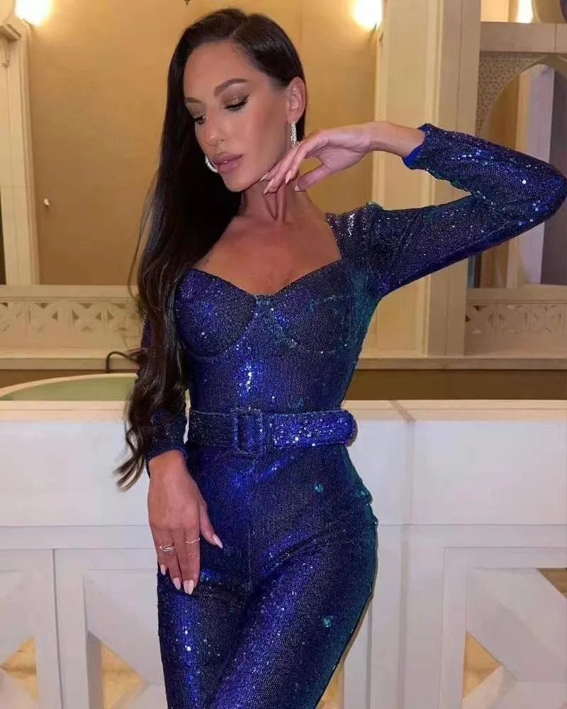 Jumpsuits Women Sequin One Piece Floor Length Pant Overalls Full Sleeve Bodycon Party Night Rompers Splice High Waist Belt 250617