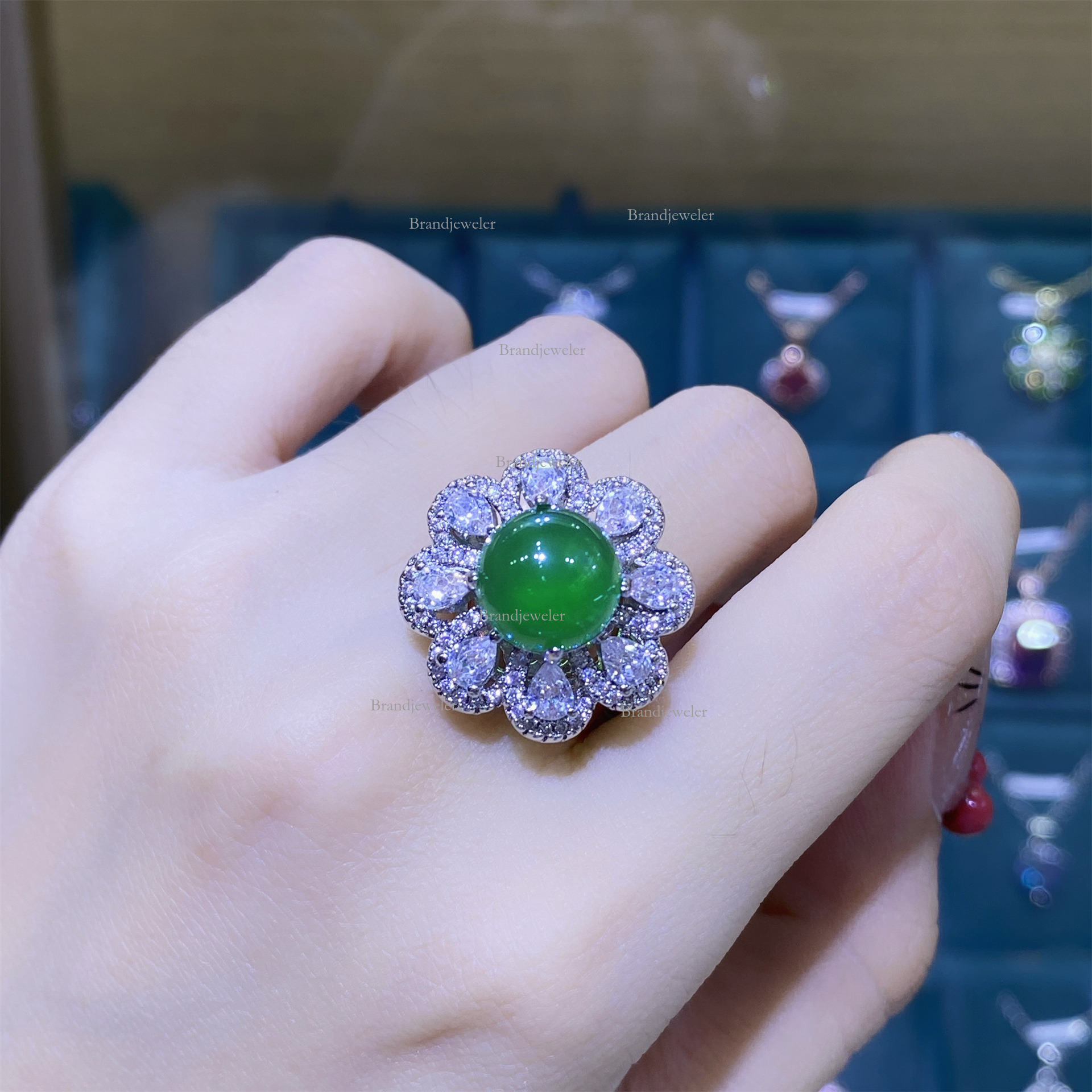 Natural 2025 New Model Green Chalcedony Sunflower Designer Necklace Green Agate Open Ring Women S Elegant Luxurious Pendant Free Delivery Earrings Thr