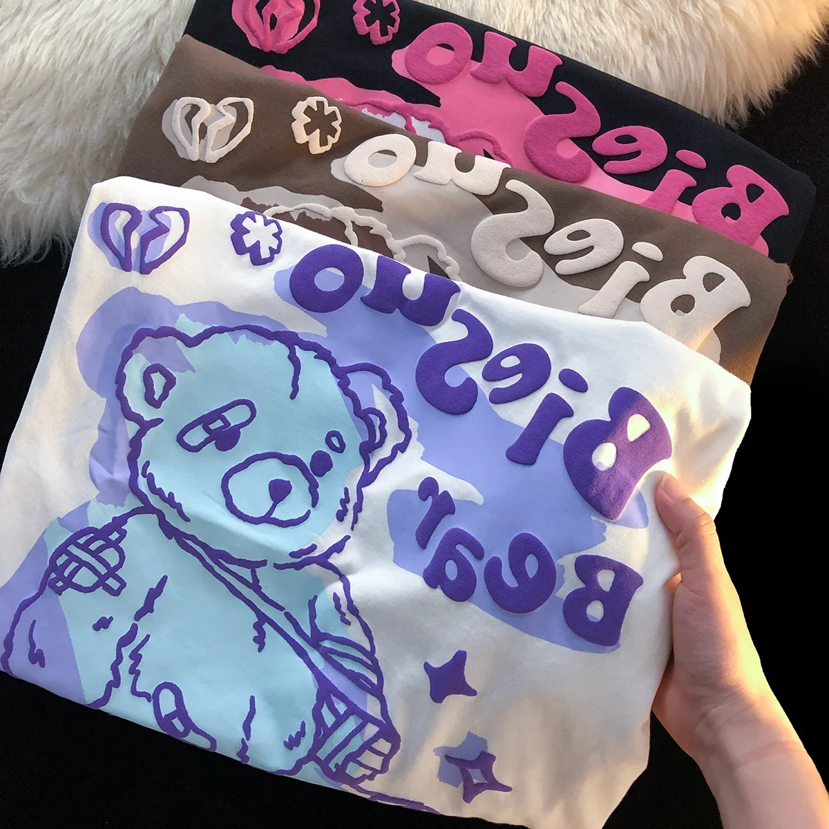 Summer Large Bear Women T-shirt American-Style Retro Short Sleeve Ins Trendy Cartoon Graffiti Fat Top Graphic Oversized T Shirts