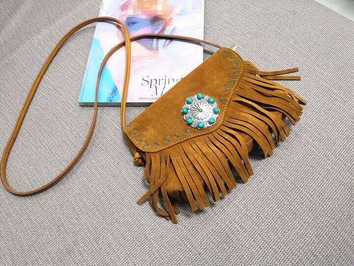 Female Genuine Leather Bohemian Gypsy Handbag 2025 Fashion Natural Suede Fringes Tribal Boho Chic Luxury Bag Small Messenger Bag for Women