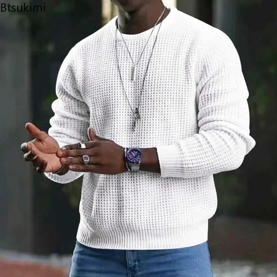 New 2025 Mens Waffle Knitted Sweaters Solid Loose Casual O-neck Pullover Tops Spring Autumn Long Sleeve Sweatshirt Male Sweater Z250621