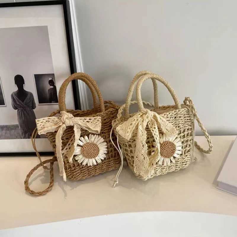 New Weave Lace Bow Handbag Dacron Square Shape Straw Weave Bag Small Bucket Tote Bag XJ250620