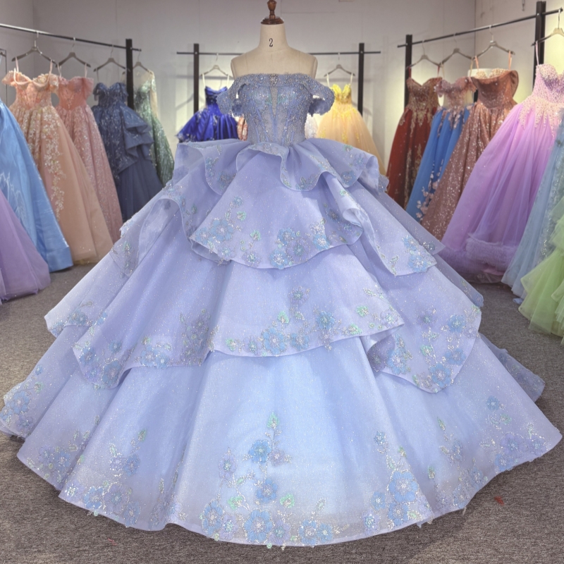 Blue Shiny Quinceanera Dresses Ball Gown Off The Shoulder Sequin Applique Lace Beading Crystal Tull Corset Sweet 16 Dress Vestidos 15 Anos