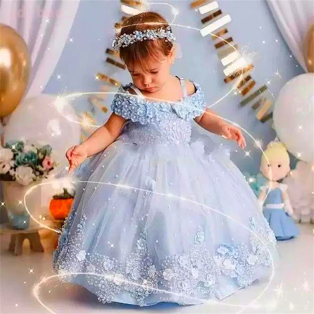 Pink Baby Girls Dresses Off Shoulder Pearls Lace Butterflies Flower Girl Dress Infant First Birthday Party Gown 250619