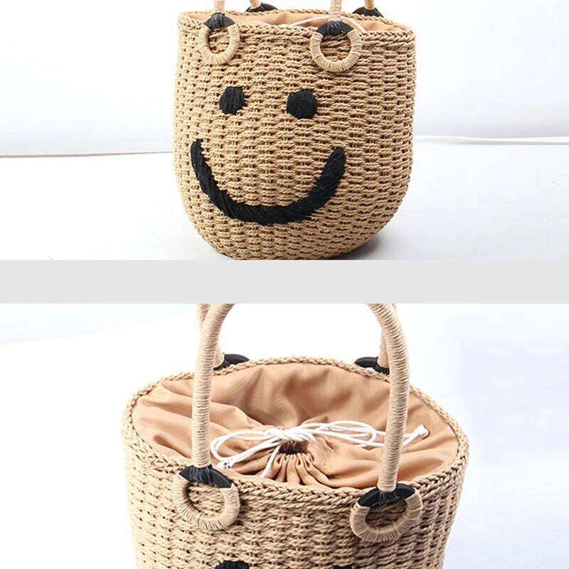 Straw Smiley Bucket Kawaii Pouch Summer Handbag Woven Beach Bag