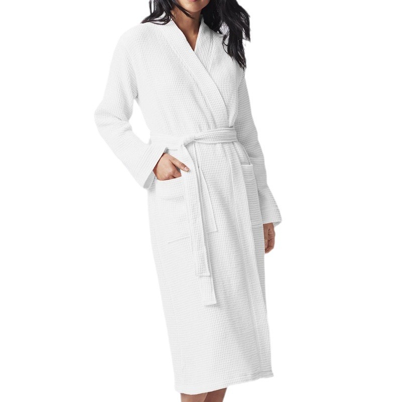 B934-Cotton long waffle bathrobe with pockets Quick-absorbing soft skin-friendly robe