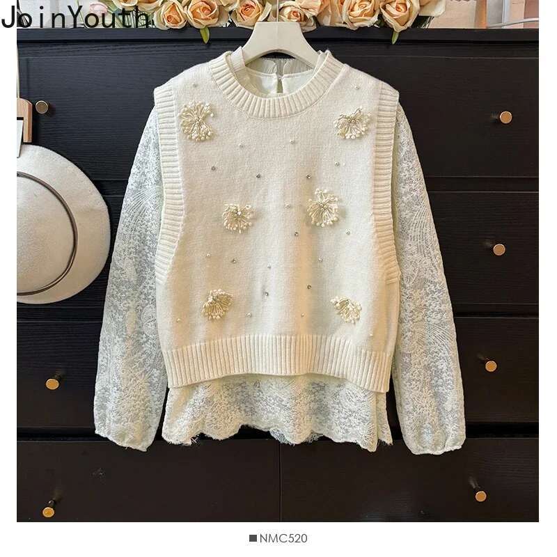 Sweet Vest Sweater Suit Fashion Two Piece Sets Women Clothing Beading 3D Floral Tanks Lace Embroidery Long Sleeve Shirts Outfits