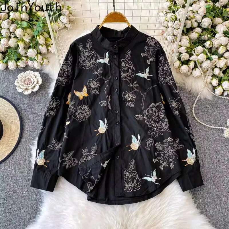 Temperament Lady Tops Blouses for Women Long Sleeve Loose Casual Shirts 2025 Blusas Mujer De Moda Heavy Embroidery Chic Blouse