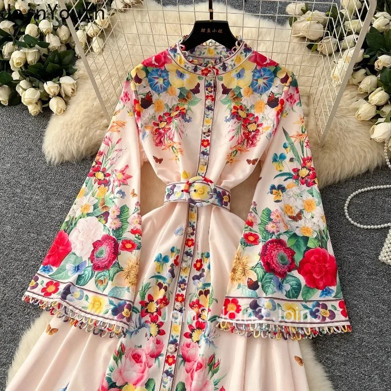 Vintage Floral Dresses for Women Flare Sleeve Slim Waist Single Breasted Robe Femme Vestidos De Mujer Elegant Summer Maxi Dress