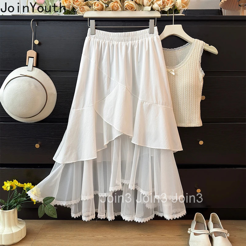 Summer Women Skirt Patchwork Gauze High Waist Folds Jupe Fashion Korean Saia 2025 Faldas Mujer De Moda Irregular Chic Skirts