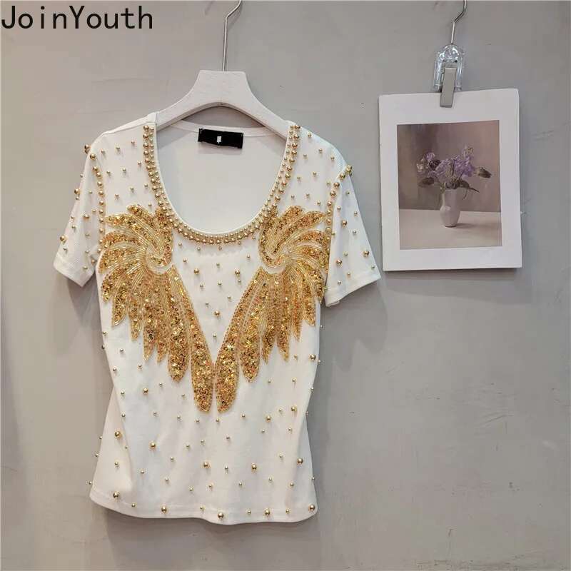 Fashion Heavy Beading T Shirts Women Diamond Casual Summer Tees 2025 Ropa Mmujer Y2k Tshirts O-neck Short Sleeve White T-shirt