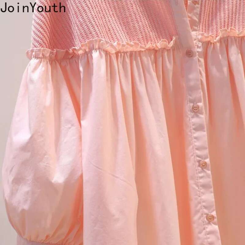 Cotton Blouses Women Patchwork Pink Shirt Loose Summer Sweet Ruffles Blouse O-neck Lantern Sleeve Tops 2025 Blusas Mujer De Moda