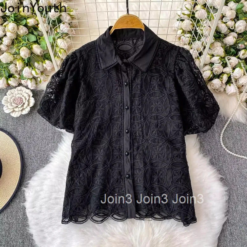 2025 Camisas De Mujer Summer Blouses Womens Clothing Patchwork Gauze Lace Puff Sleeve Shirts Temperament Blouse Tops Female