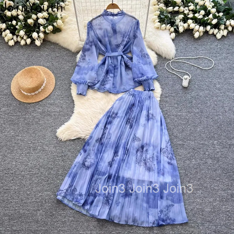 Floral Temperament Suit Summer 2 Piece Sets Women Clothing Lantern Sleeve Bandage Shirt High Waist Loose Pleated Skirts Outfits